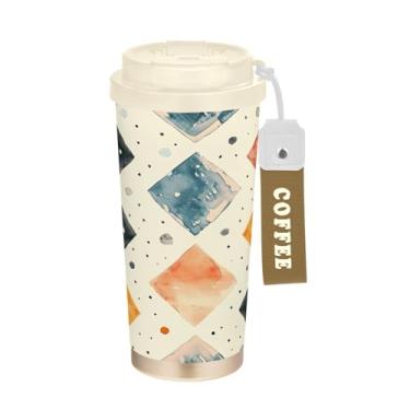 Imagem de YETTASBIN Caneca de café geométrica com isolamento térmico de 482 g com tampa canudo, copo à prova de derramamento e vazamento com alça para bebida quente e fria, garrafa de água de aço inoxidável