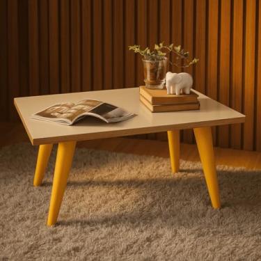 Imagem de Mesa de centro retangular retrô, com pés em formato de fuso de PVC cor caramelo, ideal para decoração moderna de salas de estar com sofá(Off-White/Freijó)