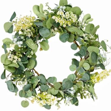 Imagem de Avoik Guirlanda de eucalipto artificial para porta da frente, 50 cm, folhas de eucalipto falsas com frutas vermelhas, guirlanda artificial de primavera, verão, para parede, janela, festival, casamento
