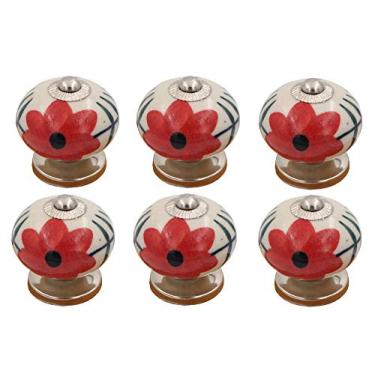 Imagem de THDC Puxador de cerâmica pintado, puxador de armário, puxador de gaveta, puxador de cômoda, feito à mão, pintado à mão, botão vintage (conjunto de 6) (flor vermelha)