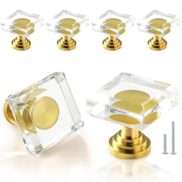 Imagem de POZEAN Puxadores de gaveta de armário de vidro cristal, pacote com 6 maçanetas de cômoda de cristal dourado, alças quadradas de 3,5 cm com parafusos para armário de cozinha moderno, quarto e banheiro