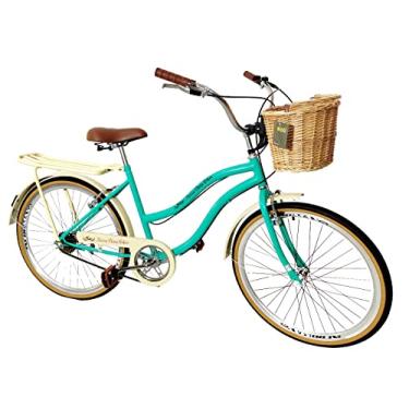 Imagem de Bicicleta Retrô Aro 26 Vintage Cesta Vime Verde Agua c/bege