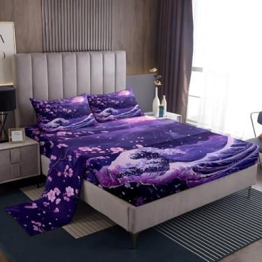 Imagem de Erosebridal Jogo de lençol Queen com flor de cerejeira roxa, estilo japonês violeta, ondas do mar, lua, lençol com elástico, tema náutico costeiro marinho, macio, leve