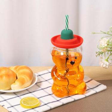 Imagem de DJAPWPX Copo de palha em forma de urso de 590 ml, copo de vidro estilo urso com canudo, caneca de café fofa, copo de vidro, copos de bebida de coquetel de vinho (chapéu de caubói)