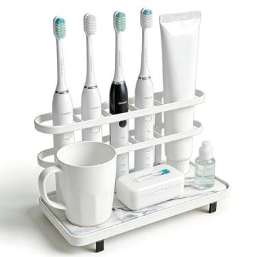 Imagem de Suportes de escova de dentes elétricos para banheiros, organizador de balcão de banheiro com tapete de terra de diatomáceas de secagem rápida, 5 compartimentos para escova de dentes e suporte de pasta