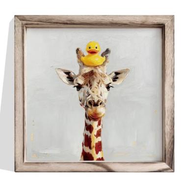 Imagem de Decoração de parede de banheiro, girafa com pintura de pato de borracha na cabeça, impressão de arte animal caprichosa, quadro de madeira emoldurada para banheiro ou lavabo, decoração de casa moderna