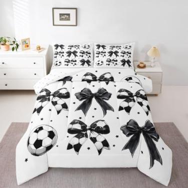 Imagem de jejeloiu Conjunto de edredom com laço de bola de futebol, tamanho solteiro, lençol com laço de aquarela, para crianças, meninos, meninas, decoração esportiva, microfibra, ultramacia e respirável