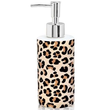 Imagem de FYSUIMU Dispensador de sabão com estampa de chita recarregável, recipiente líquido marrom leopardo, dispensador de sabão de vidro com bomba para decoração de bancada de banheiro e cozinha