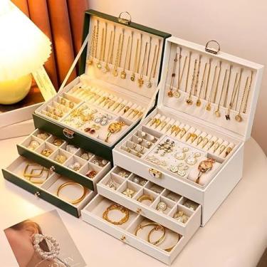 Imagem de Maleta Porta Joias Grande de Couro com Chave - Organizador Luxuoso 3 Camadas, Forro Aveludado, Presente Feminino Elegante(Q19/Cor aleatória)