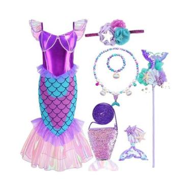 Imagem de Conjunto De Vestido De Sereia Roxo Ariel Para Meninas De 3 a 10 Anos P