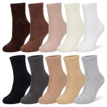 Imagem de Eurzom 10 pares de meias felpudas para mulheres, fofas, confortáveis, quentes, meias de cano médio, presentes de Natal para outono e inverno para dormir em casa