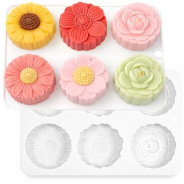 Imagem de Moldes de girassol redondos de flor de rosa, pacote com 2 6 moldes de silicone de margarida cilíndrica de cavidade para fazer chocolate quente, bolo, geleia, sabonete, barras de loção