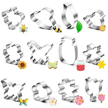 Imagem de 12 peças de cortadores de biscoito de flores, conjunto de cortadores de biscoito de primavera, pote de abelha, borboleta, flores de cerejeira, tulipa, folhas verdes, cortadores de biscoito para fondant, artigos de festa de verão