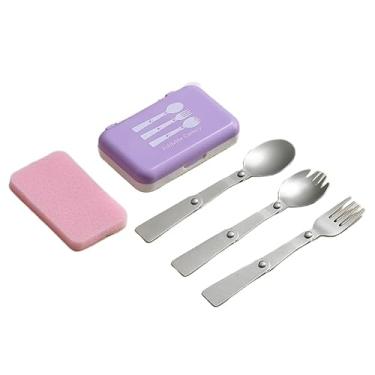 Imagem de Conjunto de 3 colheres de garfo dobráveis com esponja e caixa, utensílios de mesa portáteis de aço inoxidável 304 para viagem, piquenique, traga seus próprios utensílios de mesa, roxo
