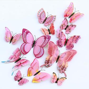 Imagem de Decoração de parede borboleta 3D, 12 peças borboletas magnéticas removíveis com 8 estilos, arte fácil de instalar para decoração de quarto e sala de estar (rosa)