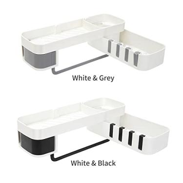 Imagem de CUOFYUNL Prateleira de canto de banheiro sem perfuração Suporte de rack de armazenamento montado na parede Armários com ganchos Banheira de 2 camadas Banheira Chuveiro Caddy Cesta