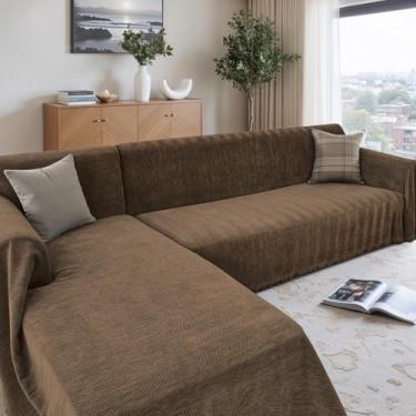 Imagem de CAPALOCA Capas de sofá seccionais de 2 peças, cobertor de chenille em forma de L para sofá secional com padrão de espinha de peixe capas de sofá laváveis (GG: 180 x 279 cm + 180 x 299 cm, café)