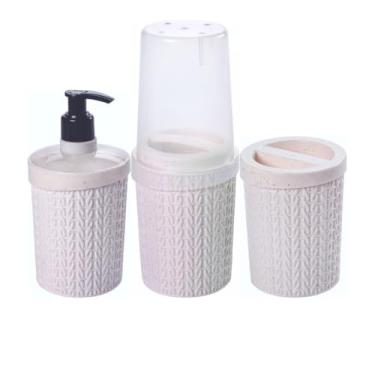Imagem de Kit Pia de Banheiro 3 Peças Dispenser Sabonete Líquido Porta Escova de Dente Porta Algodão, Ideal for Daily Hygiene Organization & Guest Bathrooms(Vanilla Trama)