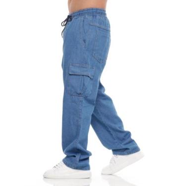 Imagem de Calça Cargo Jeans Masculino Cos Elástico Cordão Skatista - Mitchelgutt
