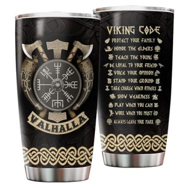 Imagem de Copo Viking para homens – Caneca de viagem de aço inoxidável inspirada em machado e escudo Valhalla com tampa, presente viking louco para pai, marido, amantes de barba