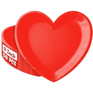 Imagem de 50 pratos de papel de coração para o dia dos namorados – pratos de jantar descartáveis vermelhos em forma de coração de 22 cm para festas dos namorados, casamentos, aniversários e jantares românticos