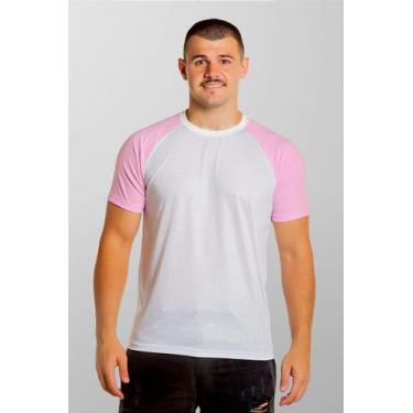 Imagem de Camiseta Raglan Branca Anti Pilling com Manga Rosa Claro - 100% Poliés