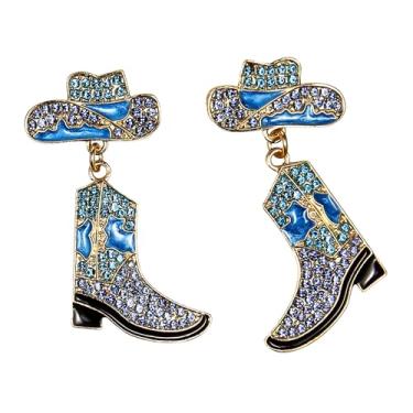 Imagem de Brincos de chapéu de bota de cowboy para mulheres, brincos pendentes de strass ocidental, Small, Zinco, Sem pedra preciosa