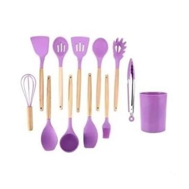 Imagem de Jogo de Cozinha Kit C/12 Pçs de Silicone Utensílios e Copo Suporte para Cozinha Cabo de Madeira Su(12 Peças-31.5CM-Roxo)