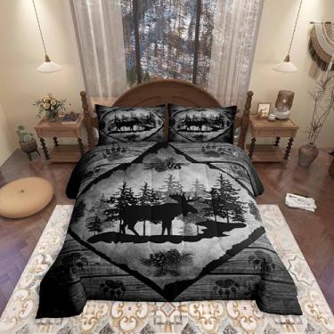 Imagem de Conjunto de edredom casal, 3 peças, estampa de pata de animal selvagem, alce selvagem, para crianças, adolescentes e adultos, vintage, listras de madeira, rústico, conjunto de edredom com 2 fronhas