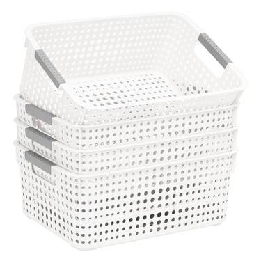 Imagem de Pacote com 4 cestos organizadores de plástico totalmente vazados com alças, organizador multiuso para embaixo da pia do banheiro, armário de cozinha, ideal para artigos de higiene pessoal (branco
