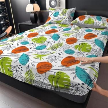 Imagem de Jogo de Lençol Listras Preto e Branco 3 Peças Percal Estampado Solteiro/Casal/Queen(Tropical verde,Casal 03 Peças)