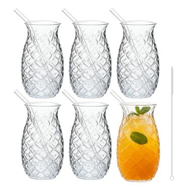 Imagem de JBESUHI Conjunto de 6 copos de abacaxi de 473 ml com canudos - Copos de vinho transparentes retrô para coquetel, vinho, suco, água, leite | Natal e festa