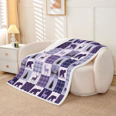 Imagem de Feelyou Cobertor de cabana para cabana, urso do campo, cervo, lã de ovela, macia, felpudo, quente, rústico, xadrez, felpudo, roxo, 228,6 cm x 228,6 cm para cama, sofá, sala de estar