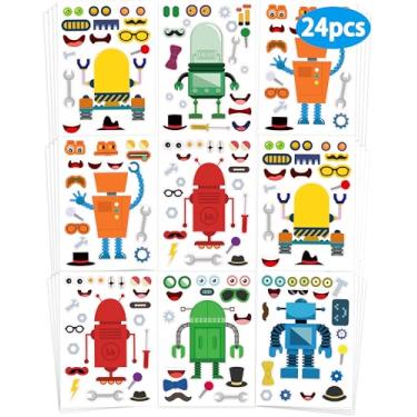 Imagem de 24 peças Faça seu próprio robô folhas de adesivos para crianças, adesivos de rosto de robô para crianças, crianças, atividades artesanais, presentes, sacolas de brindes, lembrancinhas de festa de
