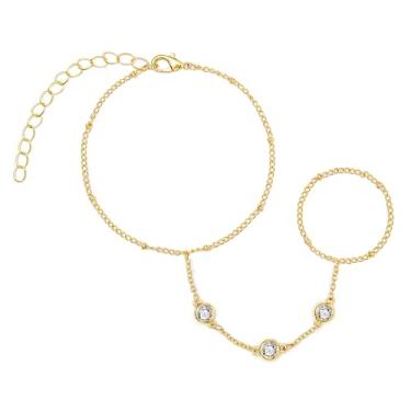 Imagem de Pulseira de corrente de mão banhada a ouro 14K com anel, delicada pulseira de dedo de zircão cúbico, joia corporal de punho ajustável presentes para mulheres, One Size, Zircônia cúbica