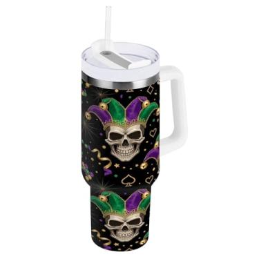 Imagem de Blueangle Copo térmico de 1,134 g carnaval caveiras com alça e tampa de palha, caneca de viagem reutilizável de aço inoxidável (803)