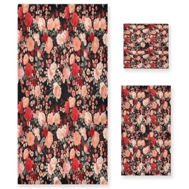 Imagem de xigua Conjunto de toalhas de banheiro com flores absorventes macias 3 peças toalha de banho toalha de mão toalhas decorativas para banheiro, academia, hotel, praia, piscina