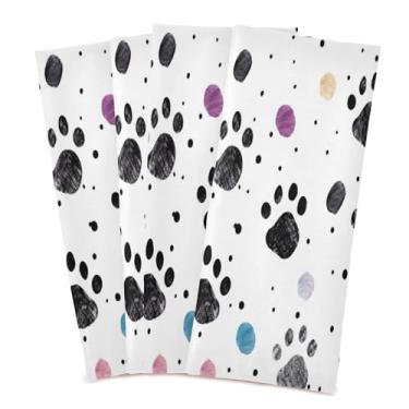 Imagem de Wassud Toalhas de cozinha impressões de pata preta (2) panos de prato de cozinha pacote com 4 panos de prato macios com laço para pendurar toalha de mão de secagem rápida super absorvente toalhas de