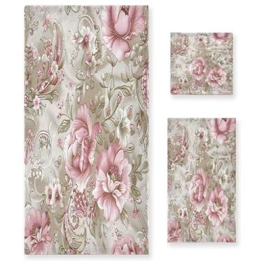 Imagem de xigua Conjunto de toalhas de banheiro com flores absorventes macias 3 peças toalha de banho toalha de mão toalhas decorativas para banheiro, academia, hotel, praia, piscina