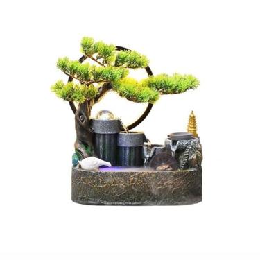 Imagem de Fontes de mesa Rockery, Bonsai de água corrente decoração de fonte circular varanda interna sala de estar decoração de mesa planta verde paisagem fontes internas (pequenas)