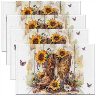 Imagem de Jogo americano de botas de caubói 30,5 x 45,7 cm, conjunto de 4 tapetes de cozinha retrô de girassol em aquarela para crianças, adolescentes e adultos, decoração de borboleta selvagem, estilo