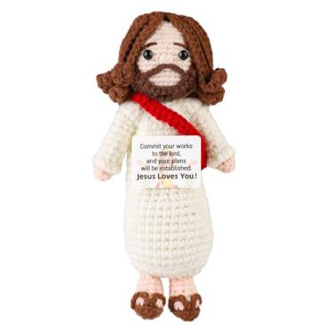 Imagem de Jesus de crochê positivo, boneca de Jesus feita à mão com suporte emocional de 16 cm com cartão inspirador, presente de crochê cristão para positividade, fé, Natal, Páscoa, celebrações religiosas
