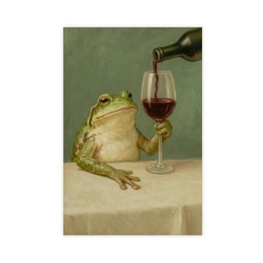 Imagem de Pôster de tela engraçado sapo bebendo vinho, decoração de parede de animais de bar peculiar sem moldura (30,5 x 45,7 cm)
