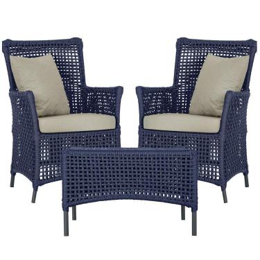 Imagem de 2 Poltronas E 1 Mesa Igapó Alumínio Preta Corda Náutica E7 Azul