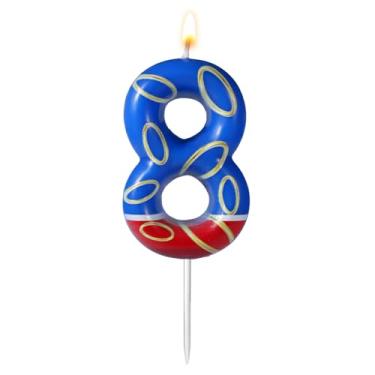 Imagem de Vela de aniversário com estampa de anel azul e dourado, número de aniversário, vela de aniversário com tema azul, topo de bolo para meninos e meninas suprimentos de festa (número 8)