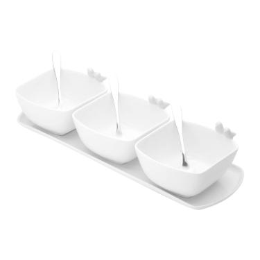 Imagem de Cj 3 Petisqueiras de Porcelana 12x10x7cm C/Bandeja 35,5x11cm e 3 Colheres Aço Inox Bird...