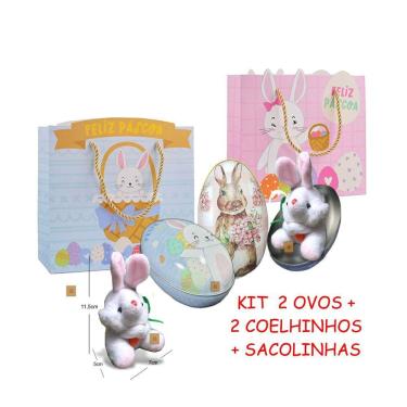 Imagem de Kit Páscoa 2 Ovos de Metal + 2 Coelhos Pelúcia + 2 Sacolas