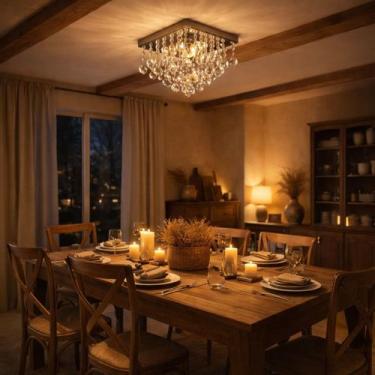 Imagem de Lustre Plafon Inox Cristal Quadrado Luxuoso Moderno 40cm - LUXOR STORE