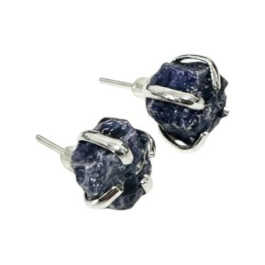 Imagem de Brinco Pedra Natural Sodalita Garrinha Banhado Ouro Prata Cores:Pratea