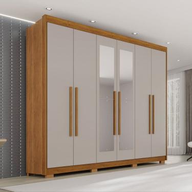 Imagem de Guarda Roupa Casal com Pés e Espelho 6 Portas 6 Gavetas 100% Mdf Itália Plus Cinamomo/Off White